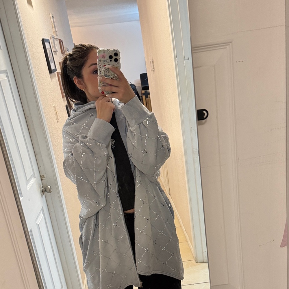 AKIRA Quilted Light Gray Hoodie with Rhinestone Grid